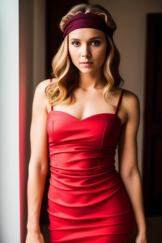 a beautiful woman in a red dress poses for the camera