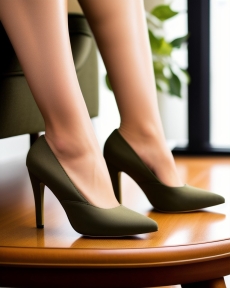 legs of a woman in green pumps with her legs on top