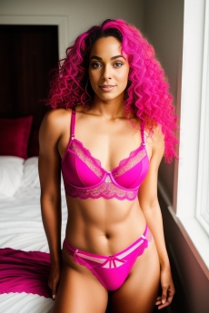 a woman wearing pink lingerie posing on her bed