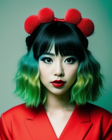 young asian woman in red shirt and green hair